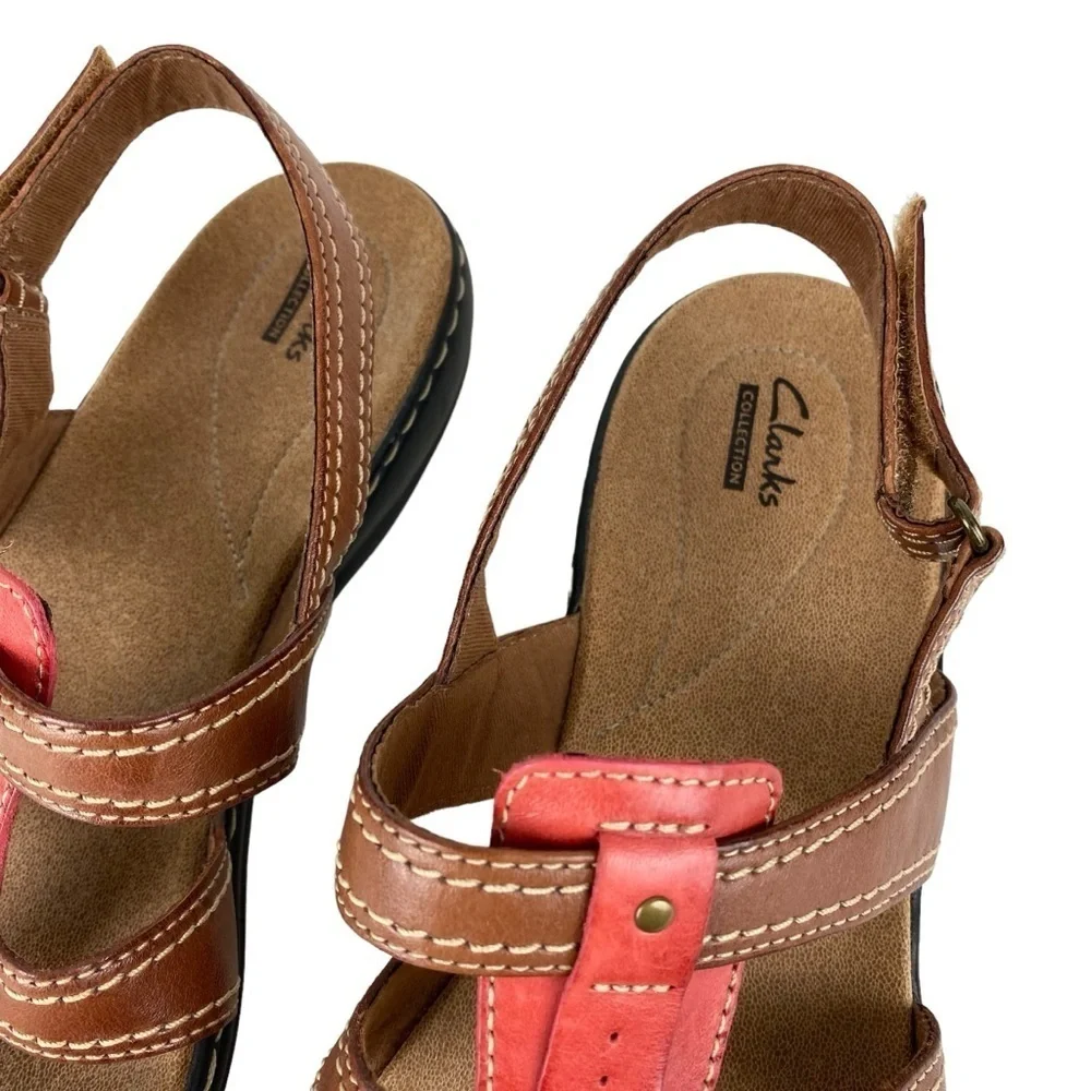 Clarks Brown Leather Sandals Slingback Pink  Women’s Size 12 Hook Loop Adj